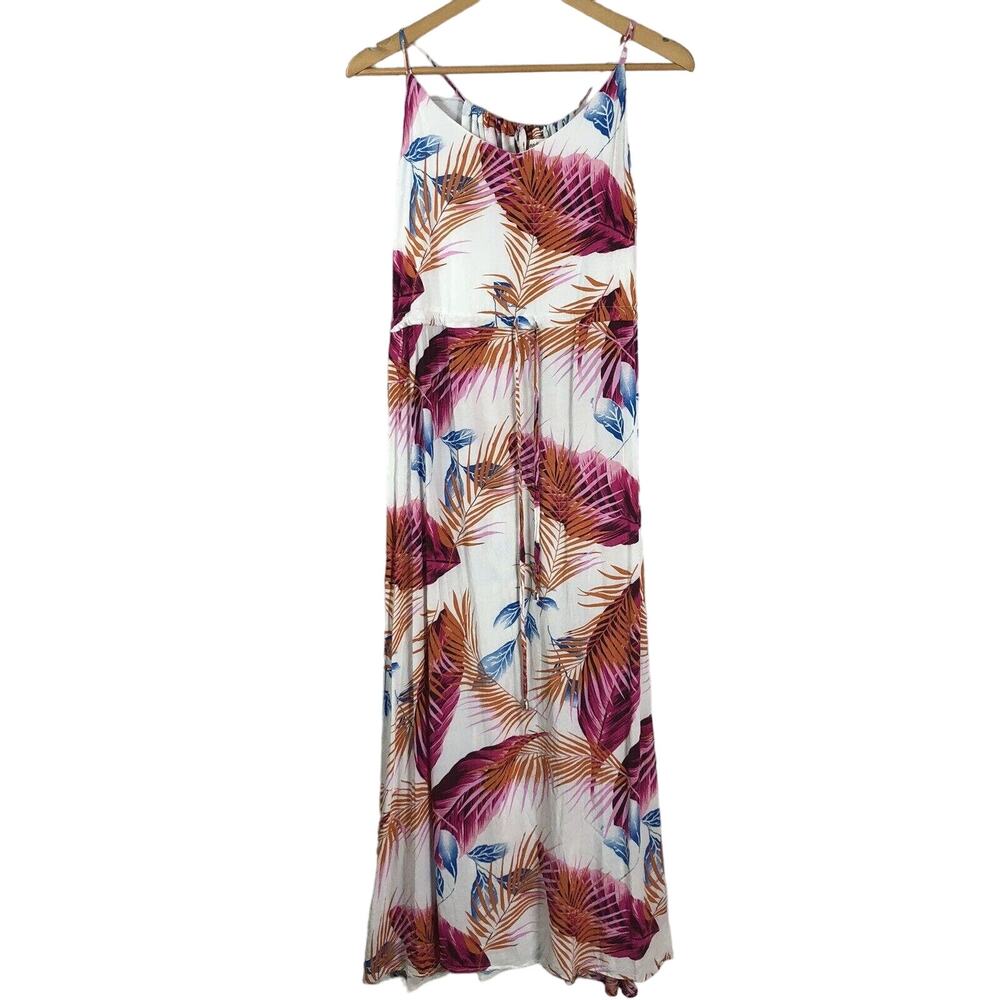 Leading Star Maxi Dress Sz L Feather Print Vibrant Color Sleeveless Lightweight